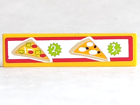 Lego Tile 1 x 4 with Menu with Pizza Slices on White Background with Red Border Pattern (Sticker) - Set 41058