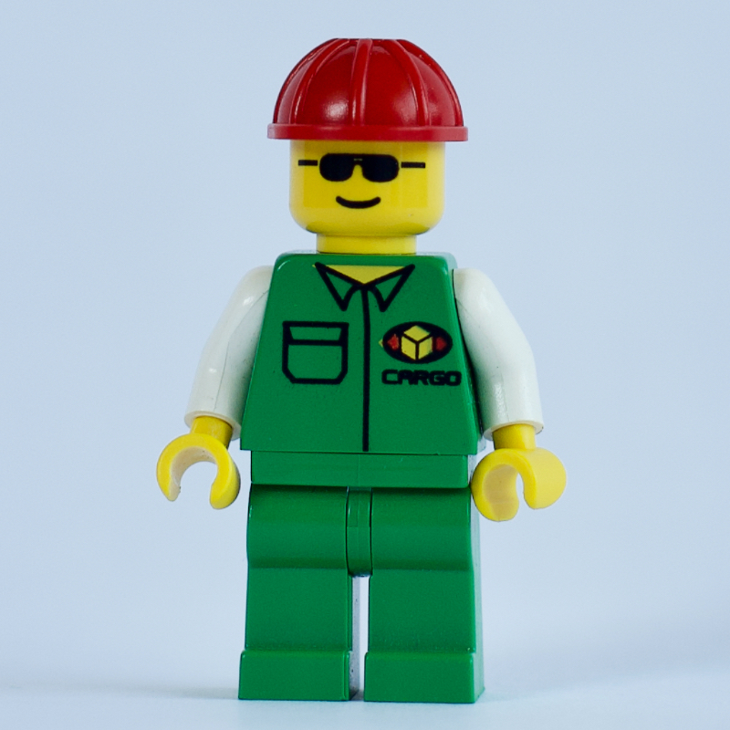 Lego Cargo Worker, Green Jacket with Pocket, Red Hard Hat, Sunglasses