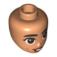 Lego Minidoll Head, Thick Black Eyebrows, Reddish Brown Eyes, Beautymark, Nougat Lips, Clenched Teeth / Nougat