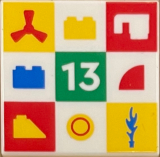 Lego Tile 2 x 2 with Propeller, Bricks, Cup, Number 13, Quarter Tile, Slope, Round Plate 1 x 1 and Flame Pattern / White
