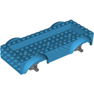 Lego Vehicle Base 8 x 16 with Wheel Arches, Front and Side Studs, and 4 x 14 Recessed Studded Section, 3 Holes, Dark Bluish Gray Wheel Clip Pins / Dark Azure