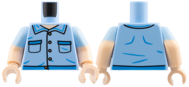 Lego Torso Button-up, Light Nougat Neck, Medium Blue Hems Pattern / Light Nougat Arms with Bright Light Blue Short Sleeves Pattern / Light Nougat Hands