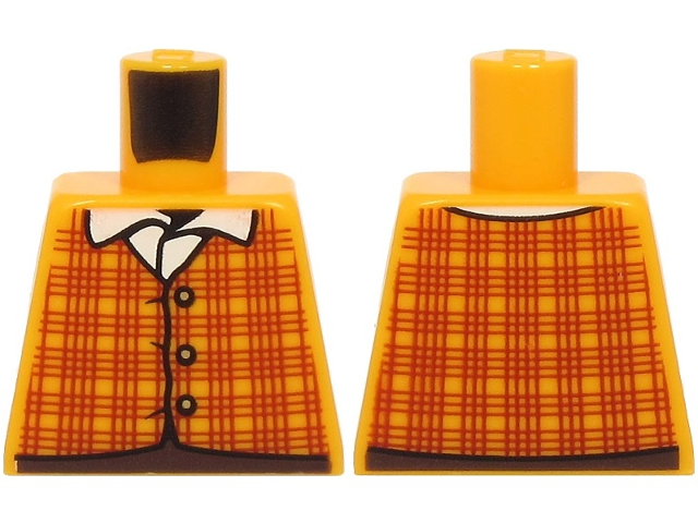 Lego Torso Plaid Vest with Dark Red Lines and Gold Buttons over White Shirt with Collar, Dark Brown Pants Pattern / Bright Light Orange