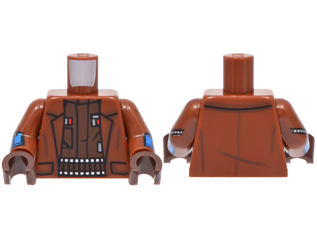 Lego Torso Jacket Open over Dark Brown Shirt with Red and Dark Silver Insignia, Ammunition Belt Pattern / Reddish Brown Arms with Hoses and Blue Gauntlets Pattern / Dark Brown Hands