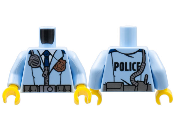 Lego Torso Police Male Jacket with Zipper, Dark Blue Tie, Gold Badge, Radio and 'POLICE' Pattern on Back / Bright Light Blue Arms / Yellow Hands