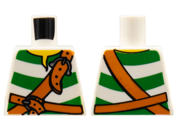 Lego Torso Pirate Shirt with Green Stripes, Dark Orange Belts with Silver Buckles, Yellow Neck Pattern / White