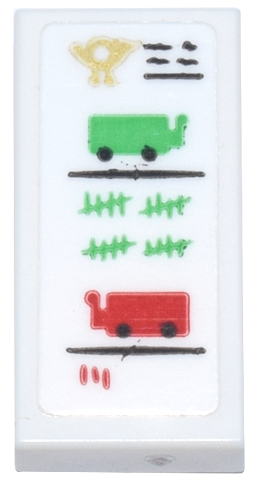 Lego Tile 1 x 2 with Gold Mail Horn, Black Text and Lines, Bright Green and Red Carts and Tally Marks Pattern (Sticker) - Set 10339 / White