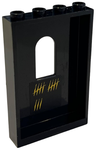 Lego Panel 1 x 4 x 5 Wall with Window with Yellow Tally Marks Pattern on Inside (Sticker) - Set 9450 / Black