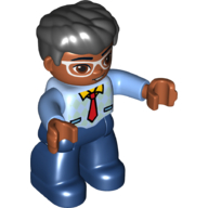 Lego Duplo Figure with Thick Hair Combed Forward, with Red Tie Print, White Eyeglasses, Medium Nougat Face and Hands, and Dark Blue Legs