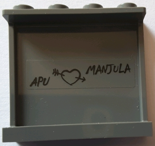 Lego Panel 1 x 4 x 3 with Side Supports - Hollow Studs with 'APU', Heart and 'MANJULA' Pattern on Inside (Sticker) - Set 71016 / Dark Bluish Gray
