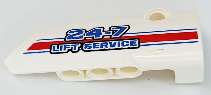 Lego Technic, Panel Fairing # 4 Small Smooth Long, Side B with Blue, Red and White Stripes and '24-7 LIFT SERVICE' Pattern (Sticker) - Set 8071