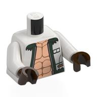 Lego Torso, Open Jacket, Dark Green Trim, Light Nougat Muscled Chest Print, White Arms, Dark Brown Hands / White