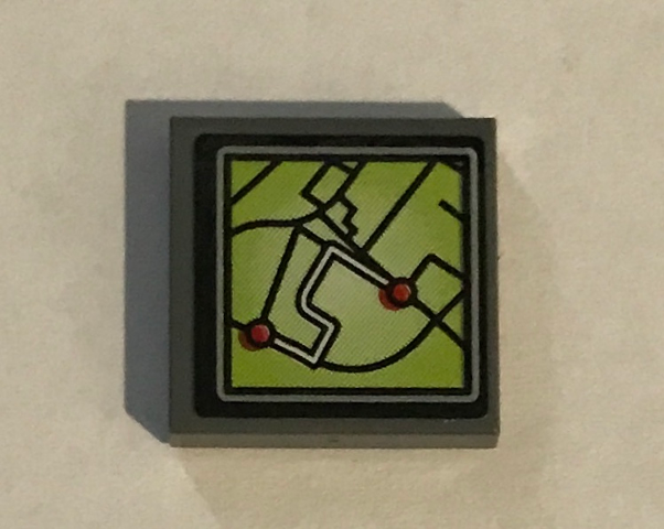 Lego Tile 2 x 2 with Lime GPS Map Screen with 2 Red Dots Pattern (Sticker) - Set 60139 / Dark Bluish Gray