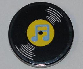 Lego Tile, Round 2 x 2 with Vinyl Record with Yellow Center and Medium Blue Music Notes Pattern (Sticker) - Set 3818 / Black