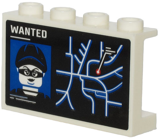 Lego Panel 1 x 4 x 2 with Side Supports - Hollow Studs with White 'WANTED', Minifigure on Wanted Poster and City Map Pattern (Sticker) - Set 60245 / White