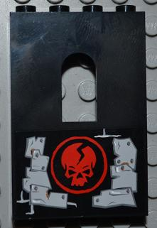 Lego Panel 1 x 4 x 5 Wall with Window with Red Skull in Circle and Light Bluish Gray Metal Plates Wall Repairs Pattern Model Left Side (Sticker) - Set 2505