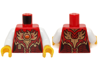 Lego Torso Female Vest with Dark Red and Gold Armor with Pendants, Scales, and Orange Round Jewel (Fire Chi) Emblem Pattern / White Arms / Yellow Hands