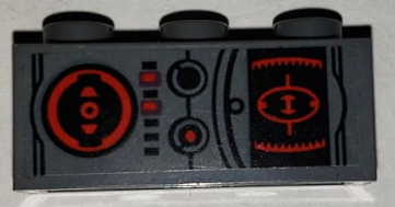 Lego Brick 1 x 3 with SW Black and Red Target Monitor and Buttons Pattern (Sticker) - Set 75243 / Dark Bluish Gray