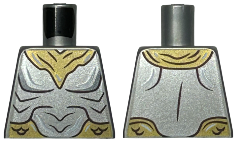 Lego Torso Silver Bare Chest with Muscle Contours and Gold Armor Pattern / Flat Silver