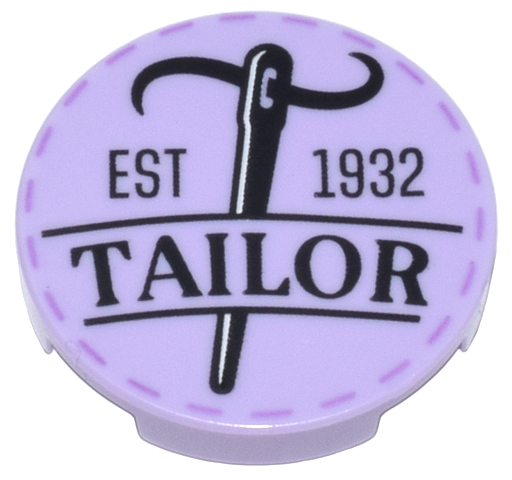 Lego Tile, Round 2 x 2 with Bottom Stud Holder with Black Needle, Thread, 'EST 1932', 'TAILOR', and Medium Lavender Stitches Pattern / Lavender