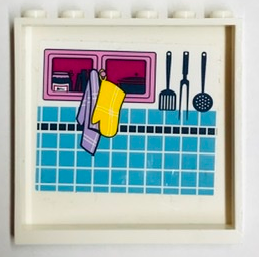 Lego Panel 1 x 6 x 5 with Cupboard, Tiles, Towel, Oven Mitt and Kitchen Utensils Pattern on Inside (Sticker) - Set 41314 / White
