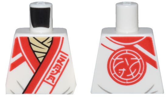 Lego Torso Robe with Red Trim, Lines, and Ninjago Logogram 'DOJO' over Tan Shirt, Core Logo on Back Pattern / White