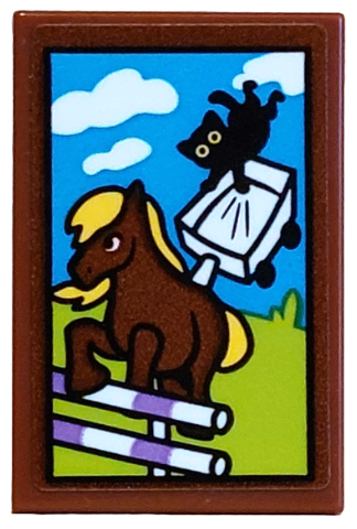 Lego Tile 2 x 3 with Painting of Pony Cinnamon and Cat Pluto in Cart Jumping Pattern (Sticker) - Set 42654 / Reddish Brown