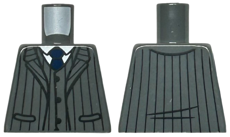 Lego Torso Suit Jacket Open with Pockets and Black Pinstripes over Vest with Buttons and White Shirt, Dark Blue Tie Pattern / Dark Bluish Gray
