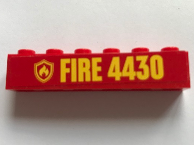 Lego Brick 1 x 6 with Yellow Fire Logo Badge and 'FIRE 4430' Pattern (Sticker) - Set 4430 / Red