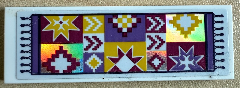 Lego Tile 2 x 6 with Rug with Tassels, Stars, Pixelated Chevrons and Squares on Iridescent Mirrored Background Pattern (Sticker) - Set 41688 / White