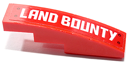 Lego Slope, Curved 4 x 1 with White 'LAND BOUNTY' Pattern Model Right Side (Sticker) - Set 70677 / Red