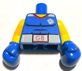 Lego Torso Shirt with Muscles Outline and Belt with 'GB' Pattern / Yellow Arms / Blue Boxing Gloves