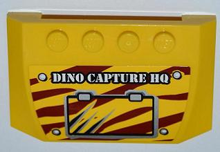 Lego Wedge 4 x 6 x 2/3 Triple Curved with 'DINO CAPTURE HQ' and Scratched Hatch on Dark Red Tiger Stripes Pattern (Sticker) - Set 5887 / Yellow