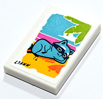 Lego Tile 2 x 3 with Painting of Beach with Medium Azure Raccoon, Lime Palm Tree Leaves and Black 'LIANN' Pattern (Sticker) - Set 41731 / White