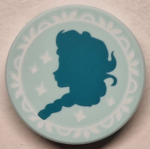 Lego Tile, Round 2 x 2 with Bottom Stud Holder with Dark Turquoise Elsa Silhouette and White Frame and Sparkles Pattern