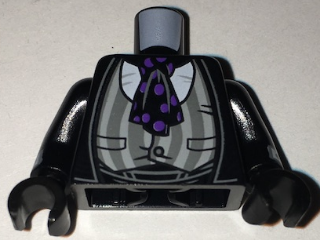 Lego Torso Jacket with Gray Striped Stretched Vest, Black Ascot with Purple Spots Pattern / Black Arms with White Cuffs Pattern / Black Hands