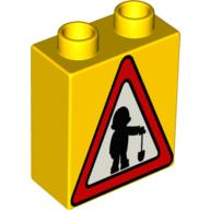Lego Duplo Brick 1 x 2 x 2 with Road Sign Construction Worker Print / Yellow