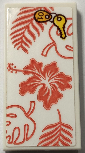 Lego Tile 2 x 4 with Towel with Coral Flowers and Leaves and Yellow Key Pattern (Sticker) - Set 41720 / White