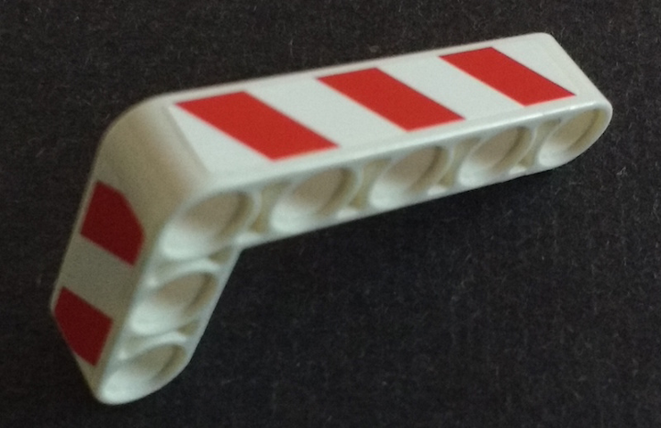 Lego Technic, Liftarm, Modified Bent Thick L-Shape 3 x 5 with Red and White Danger Stripes Pattern Model Right Side (Stickers) - Set 42042