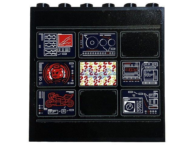 Lego Panel 1 x 6 x 5 with Monitor Screens with Red Minifigure, Motorcycle and Question Marks Pattern (Sticker) - Set 76183 / Black