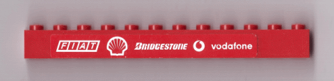 Lego Brick 1 x 12 with White 'FIAT', Shell Logo, 'BRIDGESTONE', Vodafone Logo and 'vodafone' on Red Background Pattern (Sticker) - Set 8654