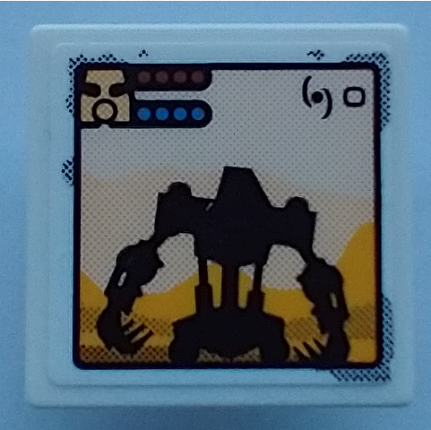 Lego Road Sign 2 x 2 Square with Open O Clip with Black Robot Silhouette (Bionicle Onua), Bright Light Orange Mountains, Mask, and Health Bars on Computer Screen Pattern (Sticker) - Set 70423 / White