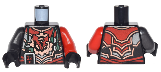 Lego Torso Ninjago Red, Silver and Copper Armor with Clock, Smartphone and Headphones Pattern / Red Arm Left / Pearl Dark Gray Arm Right / Black Hands