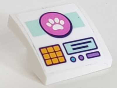 Lego Slope, Curved 2 x 2 x 2/3 with White Paw Print in Dark Pink Circle, Bright Light Orange Keypad, Dark Blue Lines, Light Aqua Rectangle and Stripe Pattern (Sticker) - Set 41691 / White