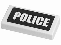 Lego Tile 1 x 2 with White 'POLICE' on Black Background Pattern (Sticker) - Sets 7235 / 7236 / 7237 / White