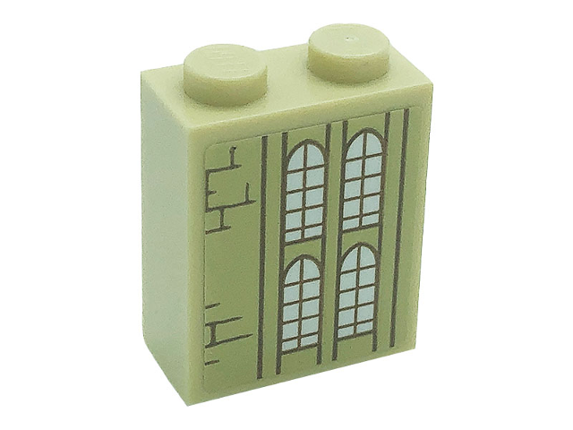 Lego Brick 1 x 2 x 2 with Inside Stud Holder with Windows and Bricks Pattern Model Left Side (Sticker) - Set 71043 / Tan