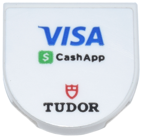 Lego Tile, Round 2 x 2 Half Circle Extended with Black 'CashApp' and Green Dollar Sign, Red Shield 'TUDOR' and Blue 'VISA' Logo Pattern (Sticker) - Set 77246