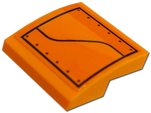 Lego Slope, Curved 2 x 2 x 2/3 with Hull Plate, Rivets, and Curved Black Line Pattern Model Left Side (Sticker) - Set 76193 / Orange