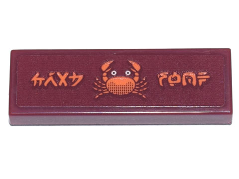 Lego Tile 1 x 3 with Ninjago Logogram 'CRAB SHOP' and Orange Crab Pattern (Sticker) - Set 71741 / Dark Red