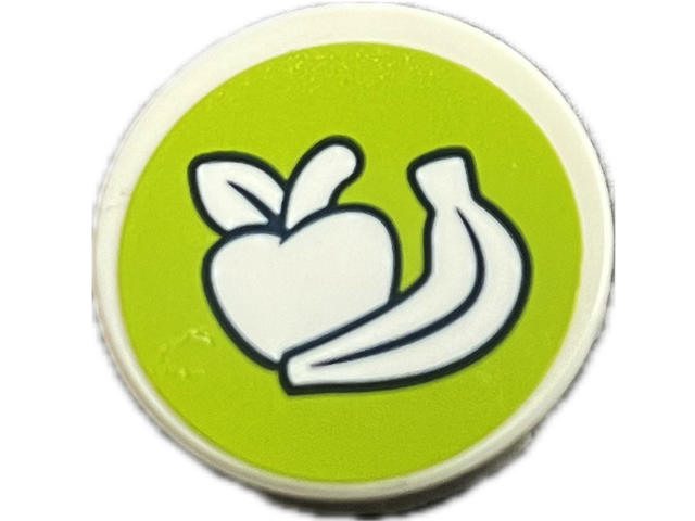Lego Tile, Round 2 x 2 with Bottom Stud Holder with Apple and Banana with Black Outline on Lime Background Pattern (Sticker) - Set 41712